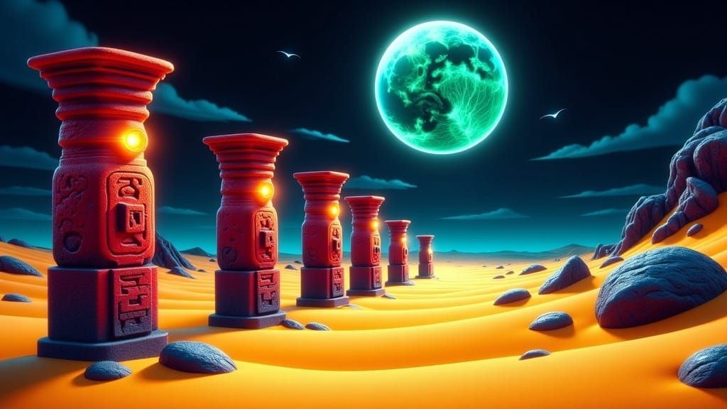 Mystical Desert Scene with Aztec Sculptures in Surreal Style