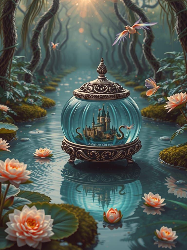 Crystal Globe with Castle and Neon Blue Dragons in Enchanted...