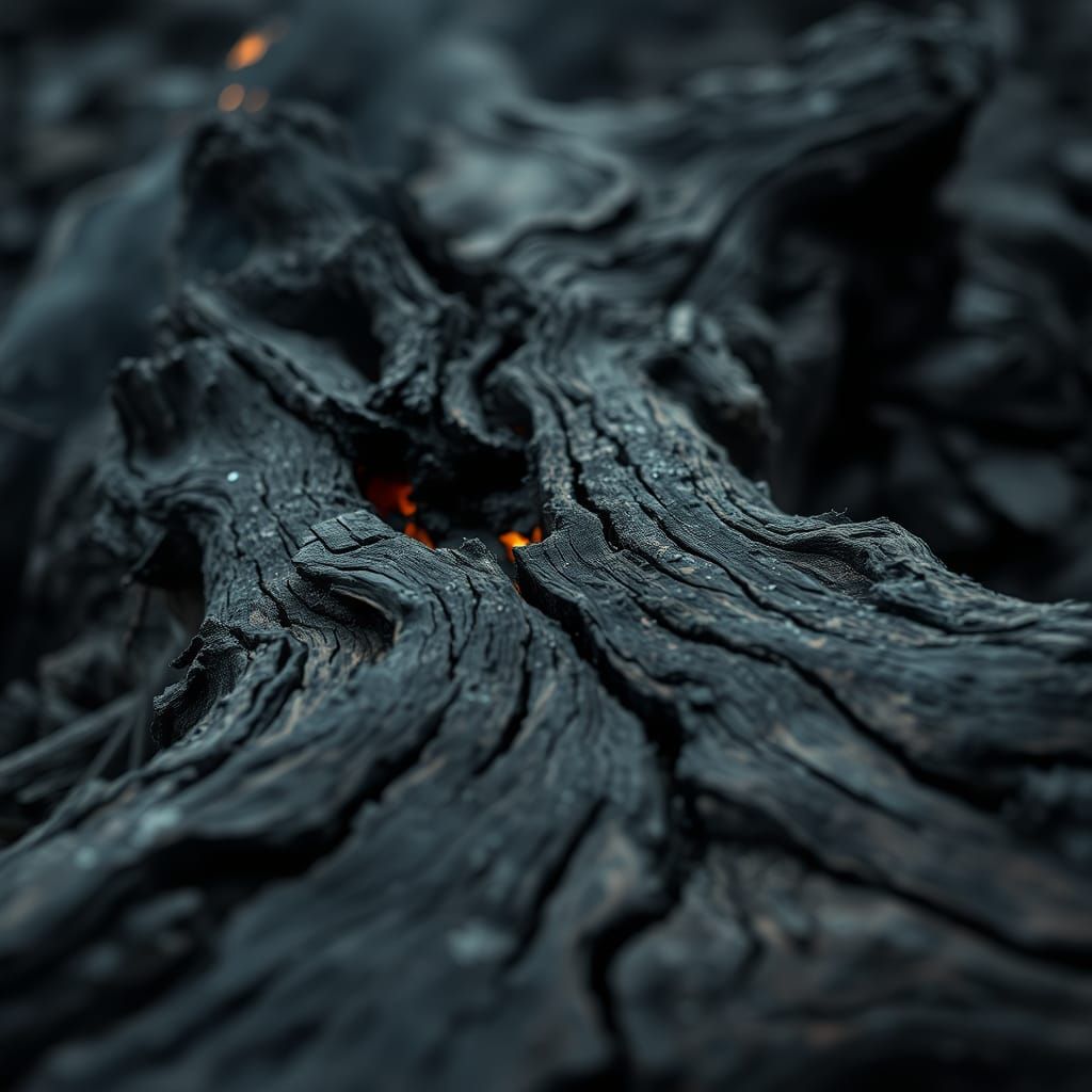 Charred Driftwood Ablaze: Hyperrealistic Coastal Still Life