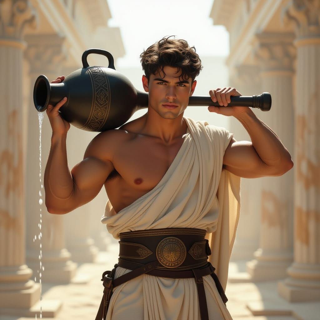 Muscular Greek Youth Carries Water Amphora in Cinematic Matt...