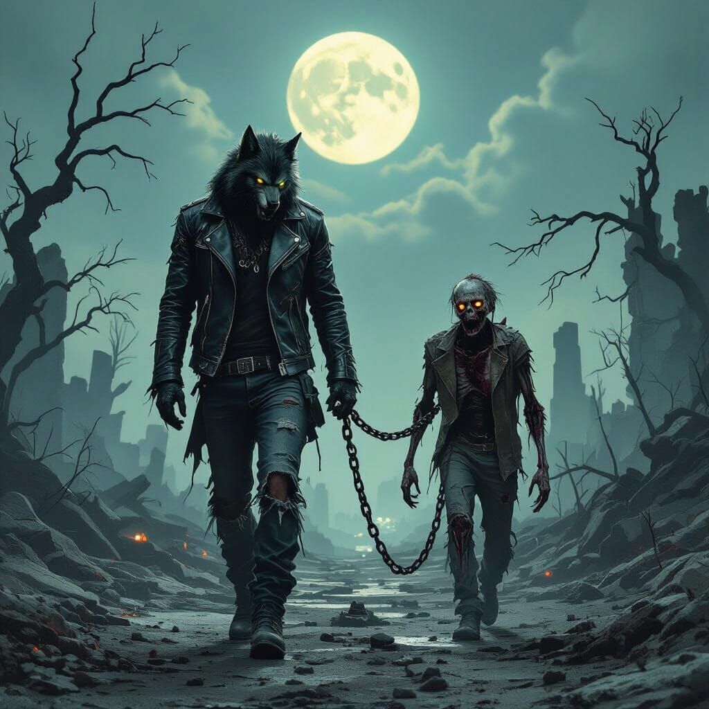 Werewolf Walks Zombie on Chain in Moonlit Ruins