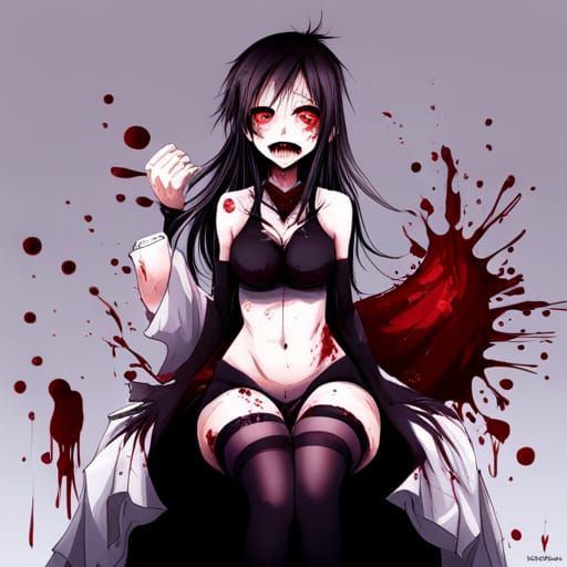Goth Girl Covered in Blood Laughing in Anime Style