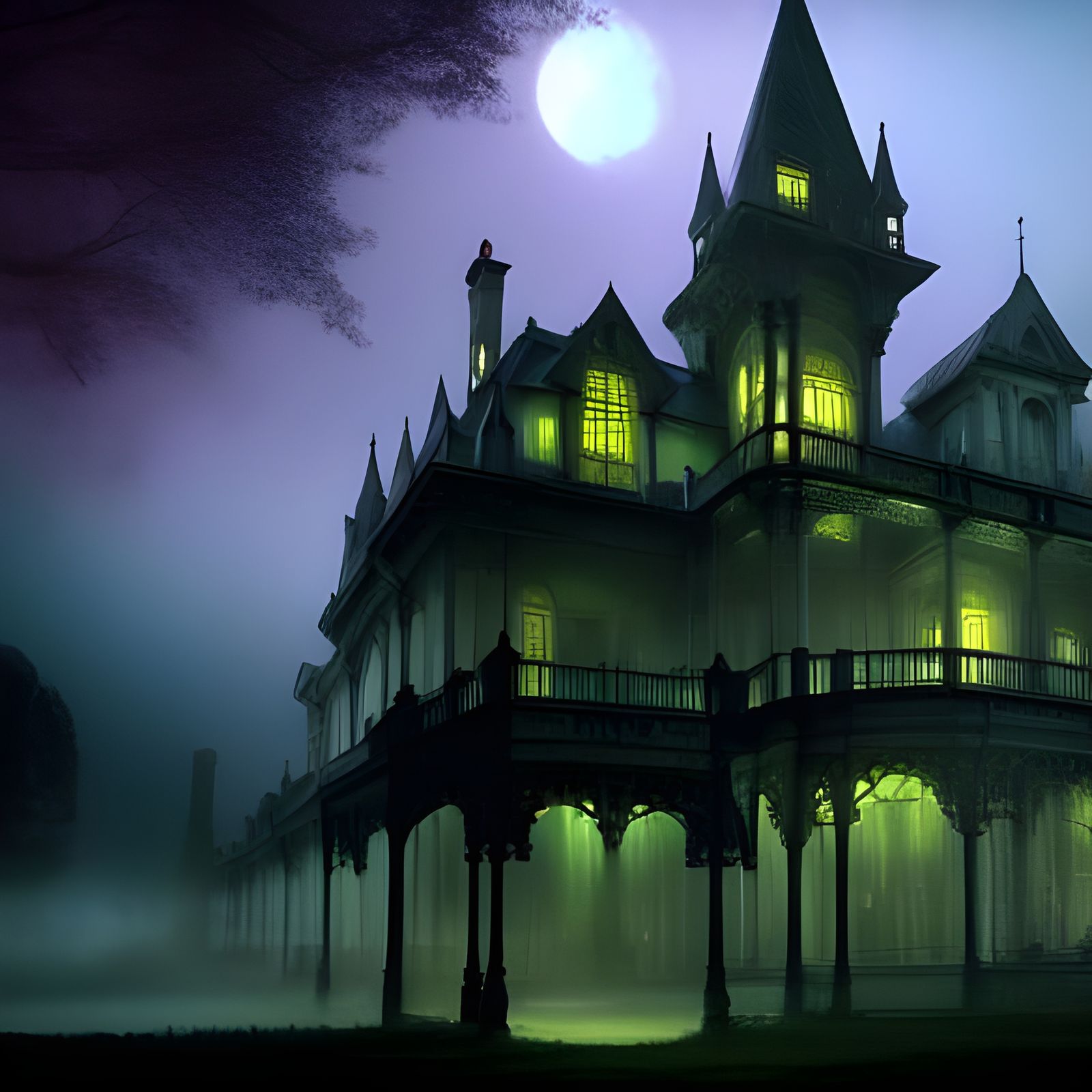 Spooky Victorian Mansion in Glowing Green Fog