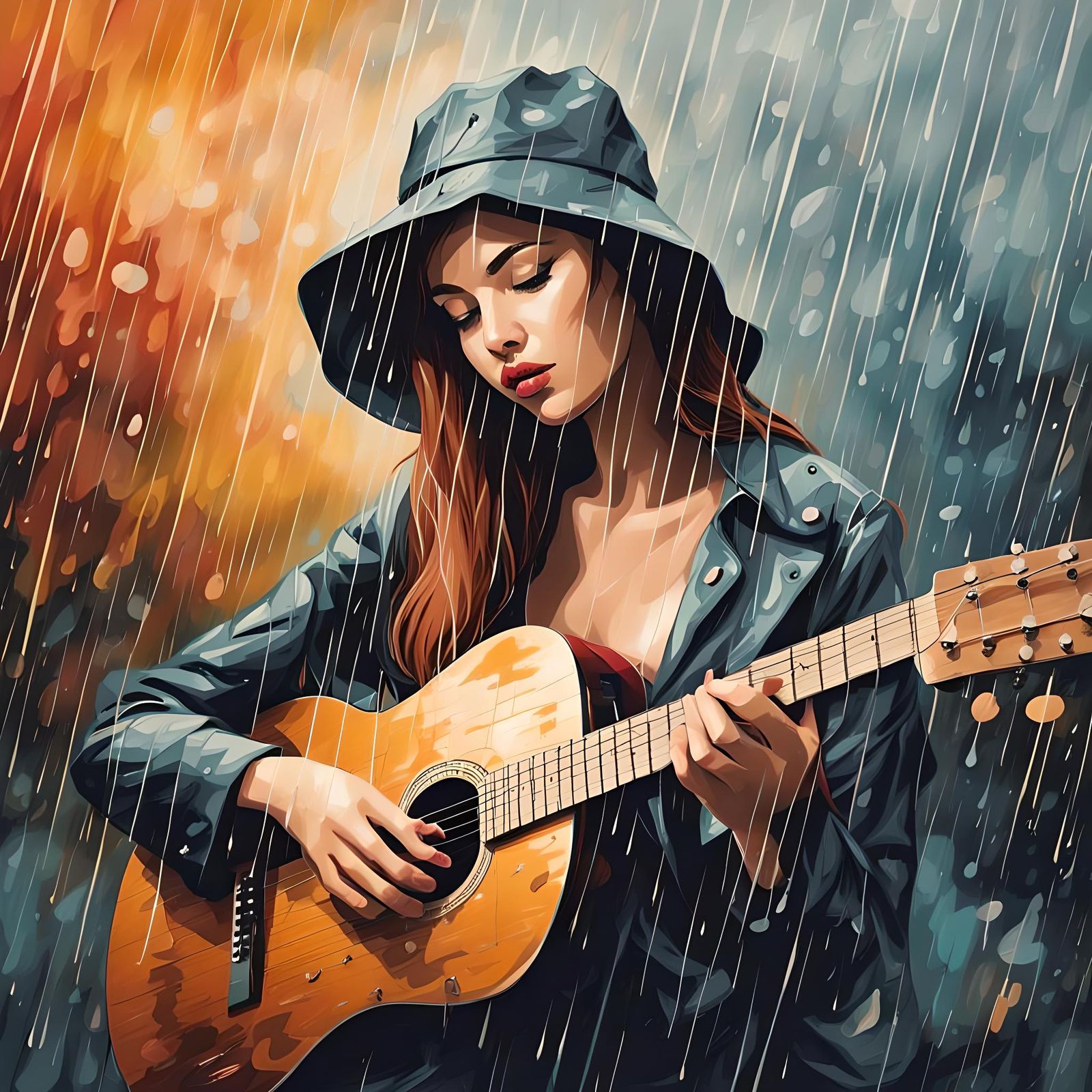 Woman Plays Guitar in Rain, Abstract Art
