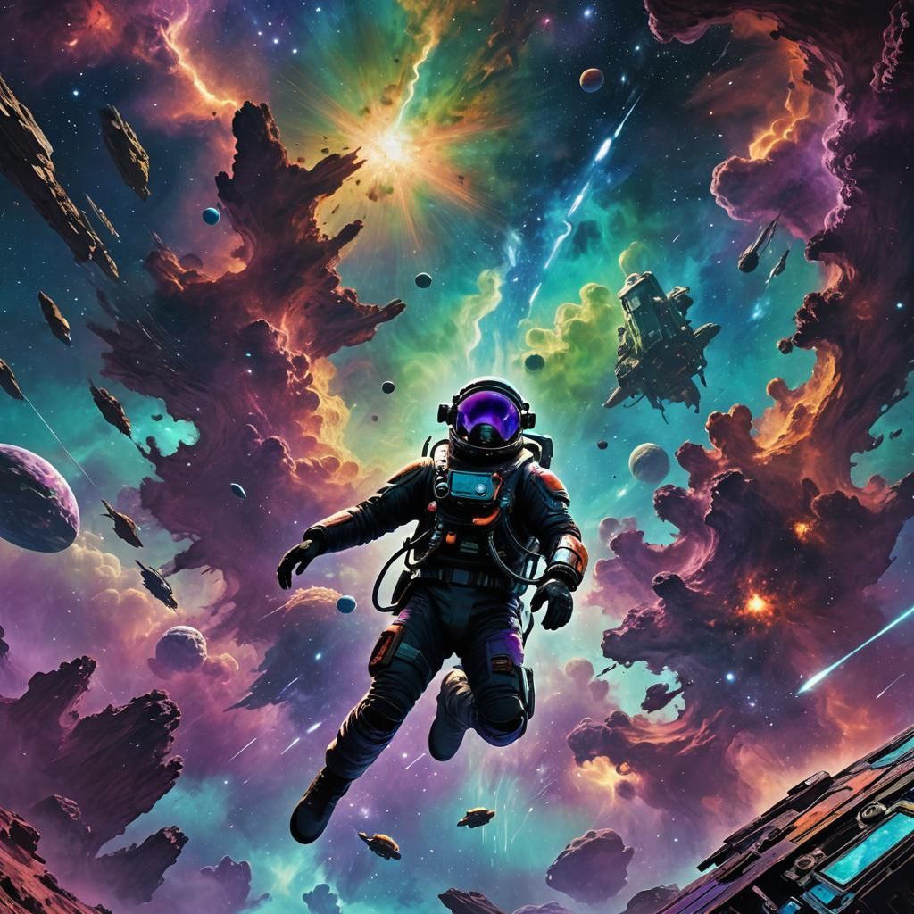 Deep Space Scuba Diver in Nebulae: Sci-Fi Concept Art