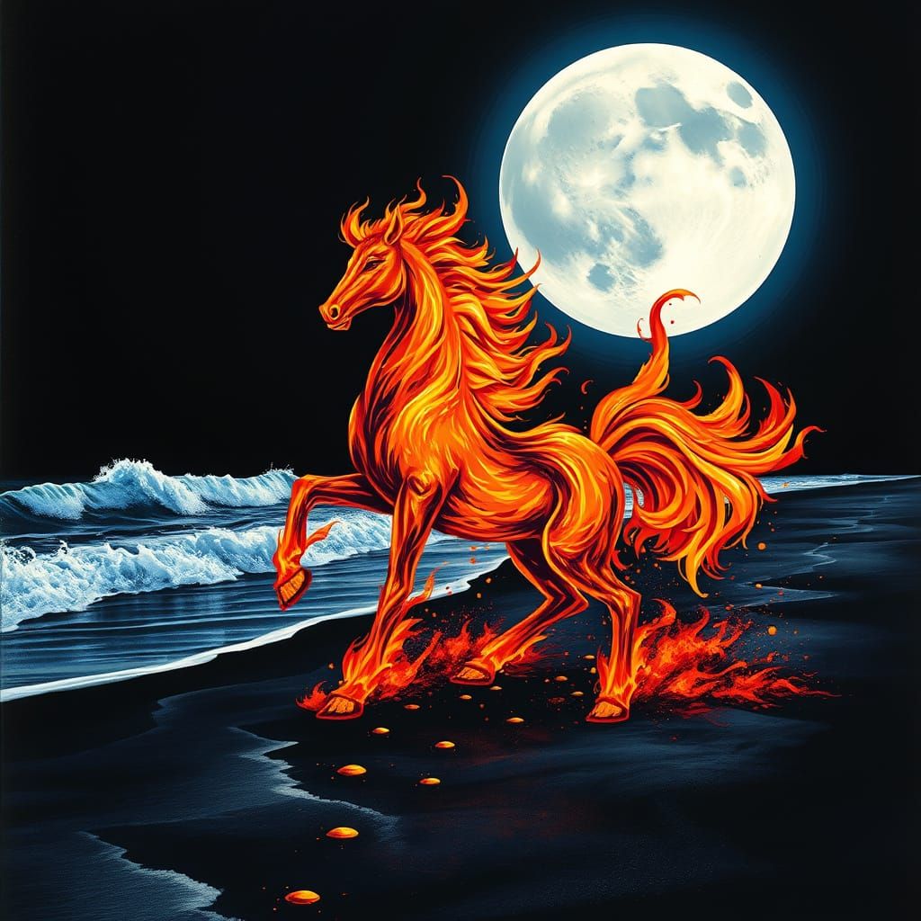 Fiery Horse Rears Up Under Moonlit Sky