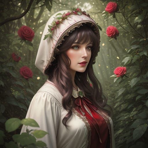 Surreal Art Nouveau Whimsy: Little Red Riding Hood Amidst In...