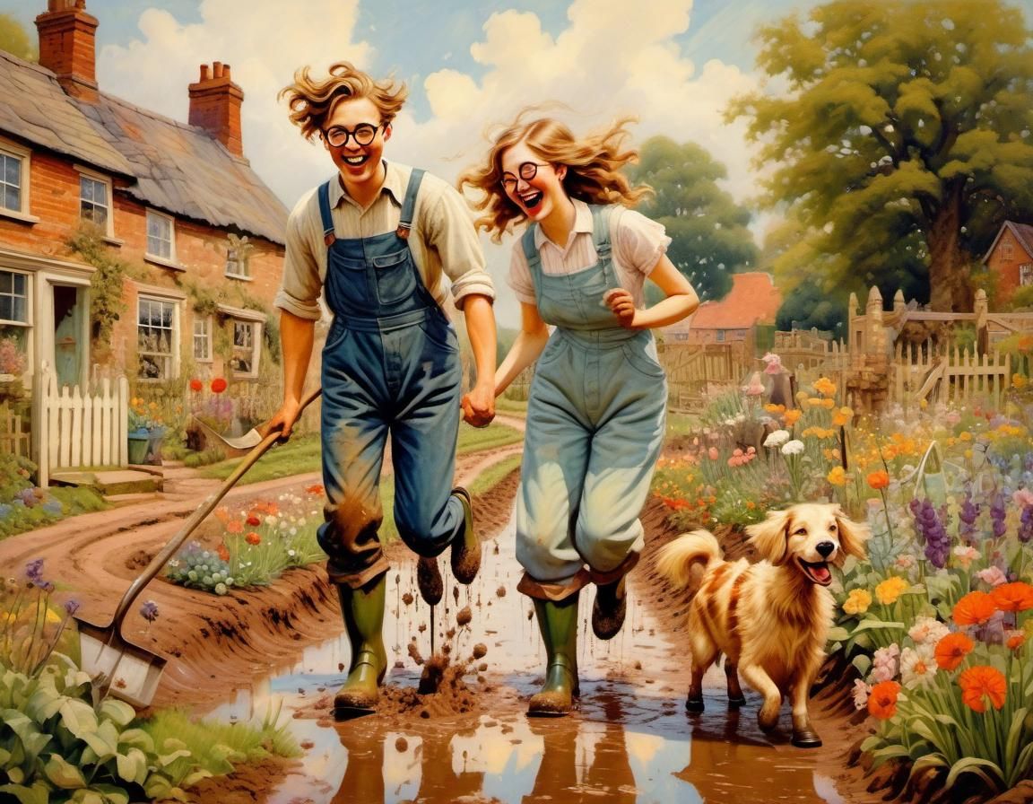 Romantic Couple Laughing in Mud, Golden Age Oil Painting