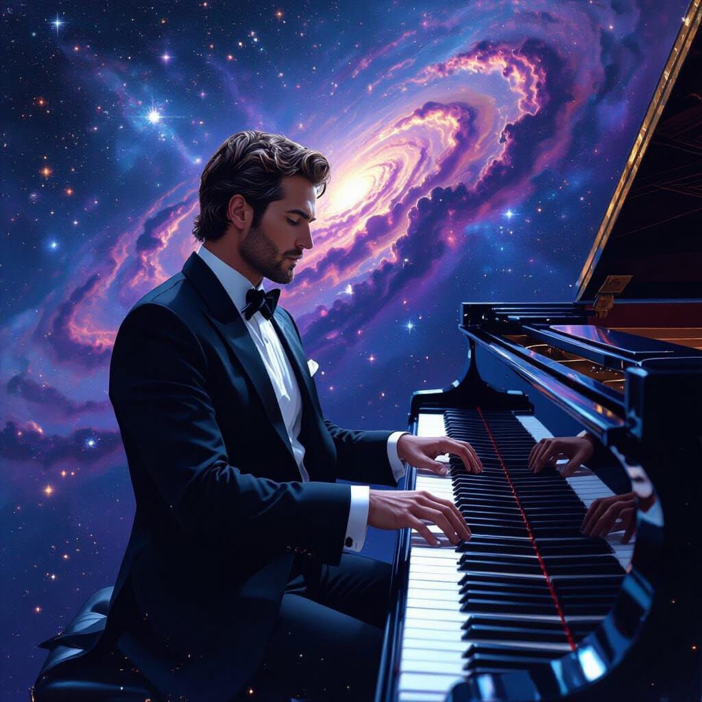 Man Plays Piano in Galaxy, Digital Painting