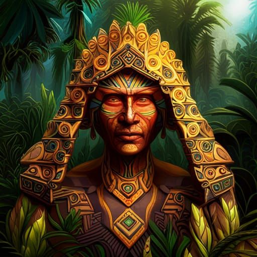 Psychedelic Aztec Indian Face in Jungle Landscape