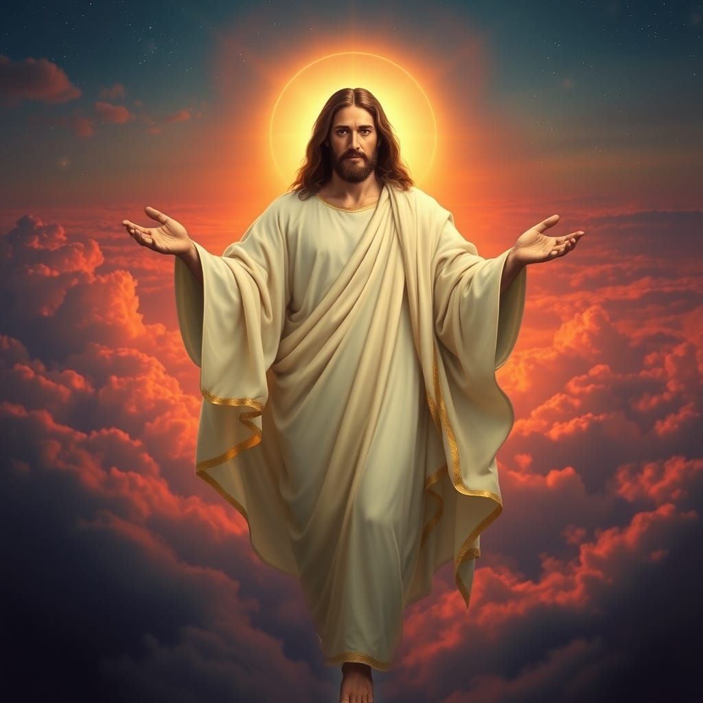Serene Jesus Christ Amidst Celestial Landscape in Golden Lig...