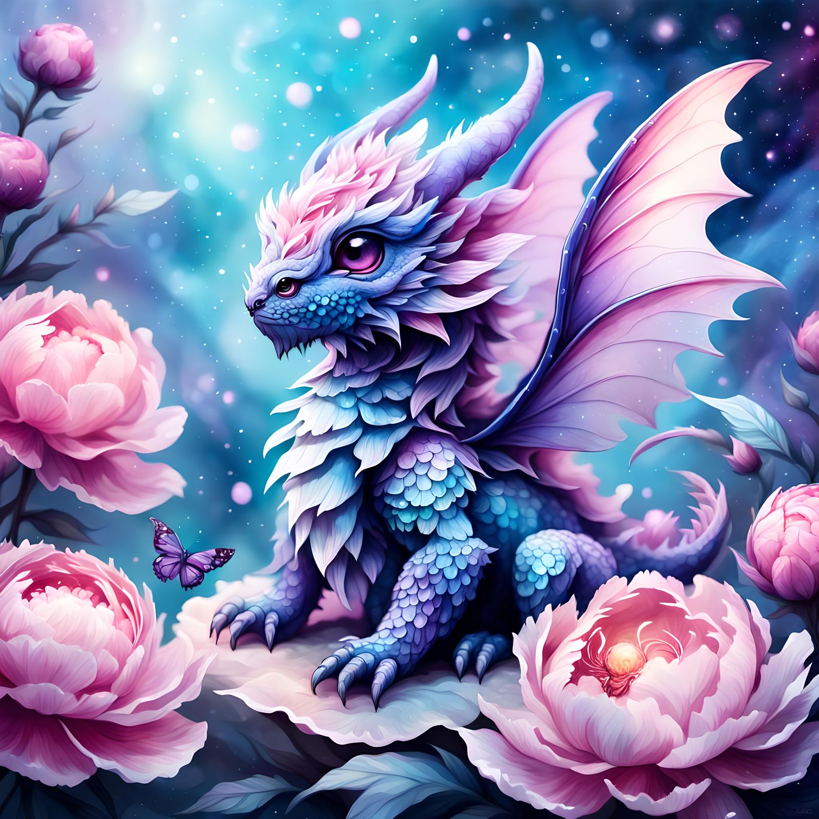 281- Chibi dragon butterfly, nebula hues, blue, pink, purple...