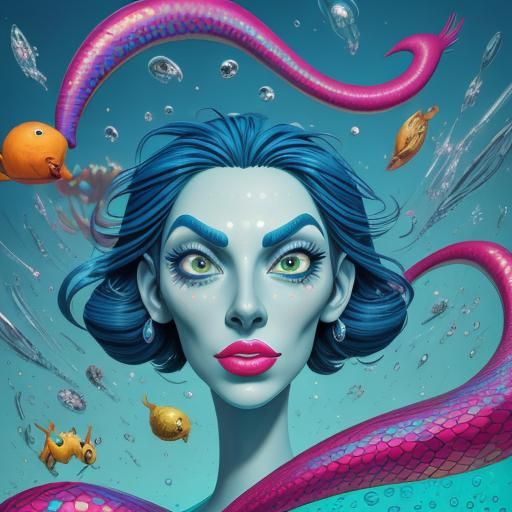 Cartoon Worm on Hook in Surreal Underwater Scene