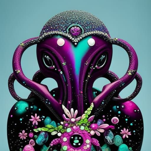 Gem-Encrusted Ceramic Cthulhu with Floral Adornments