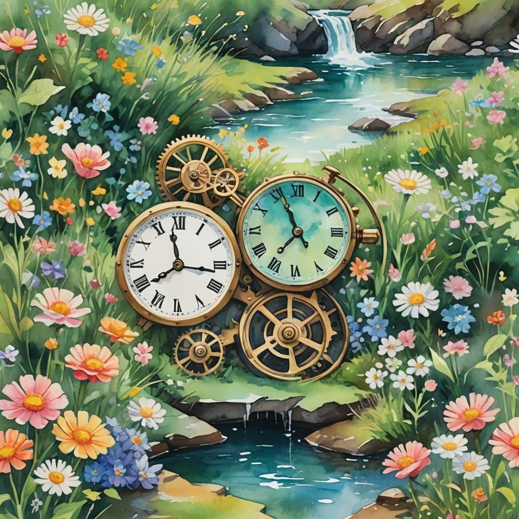 Watercolor Clock Merging with Nature, Dreamlike Art