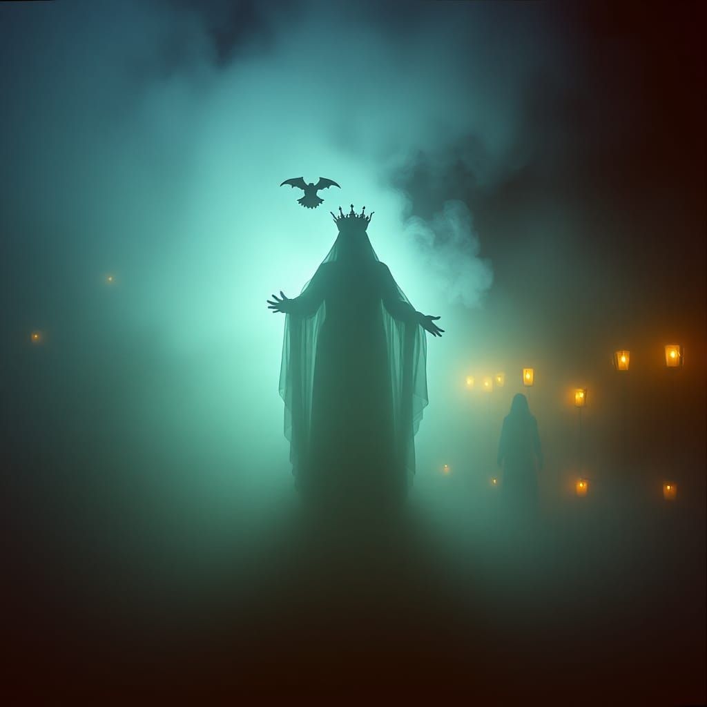 Eerie Ghostly Figures in Swirling Mist, Cinematic Still