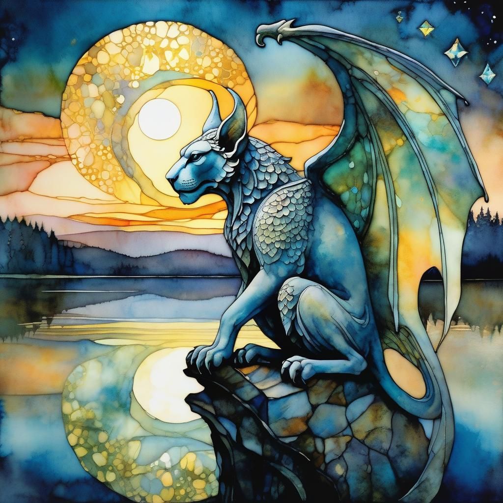 Majestic Gargoyle Overlooking Lake in Watercolor Style