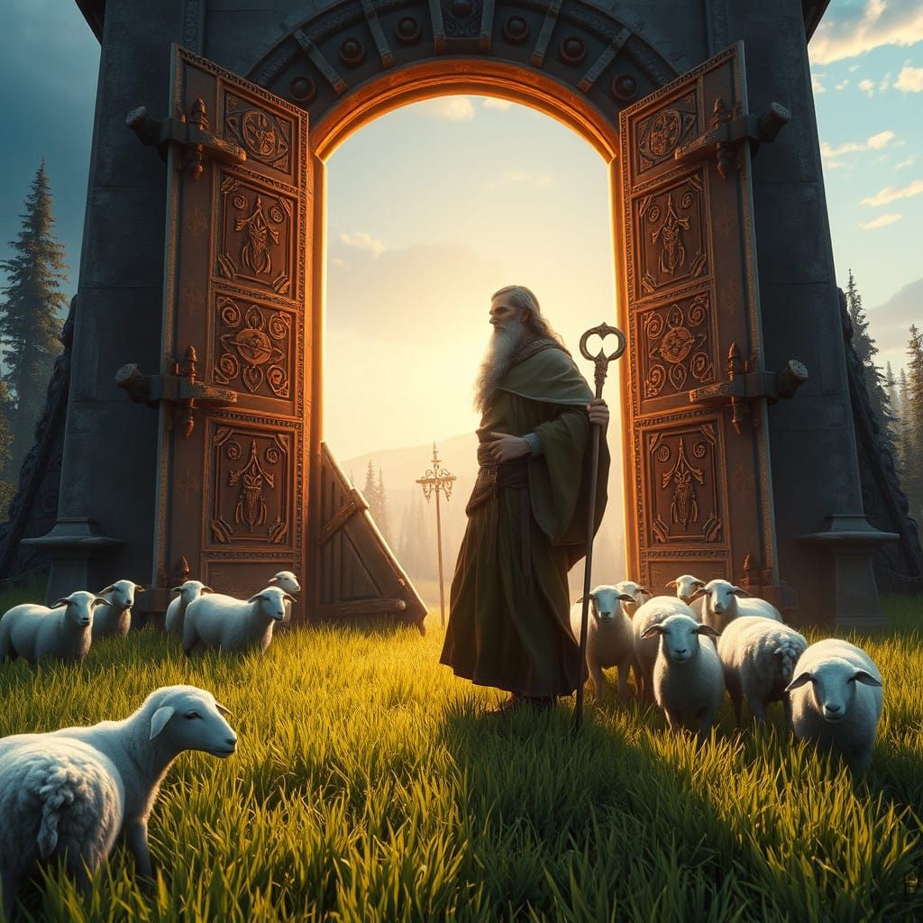 A Mystic Shepherd Leads His Flock into a Celestial Realm in...