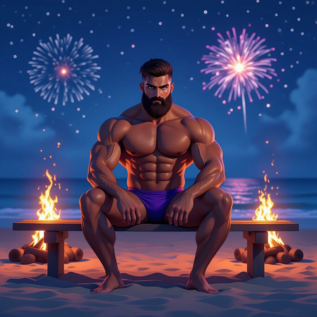 Anime God Bodybuilder on Beach at Night