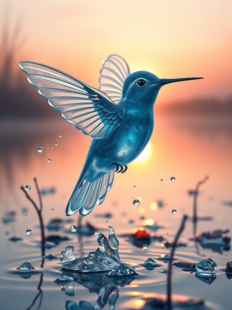 Ethereal Ice Hummingbird in Pastel Dawn Swamp