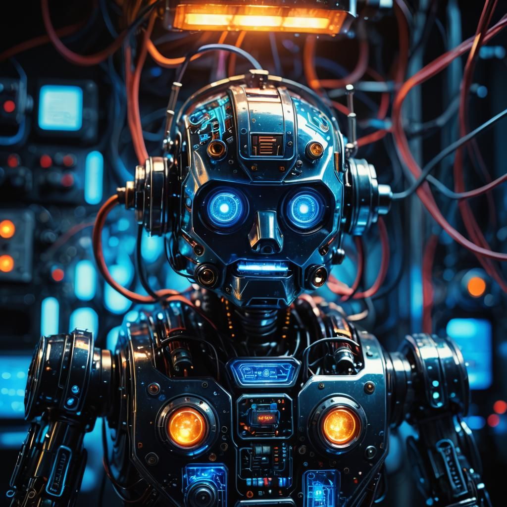 Retro Futurism: Glowing Robot in Dimly Lit Lab