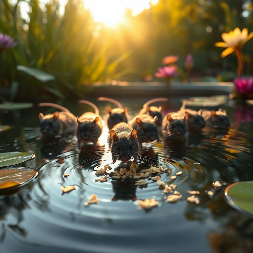 Rats Swimming for Bread: Hyperrealistic Pond Scene