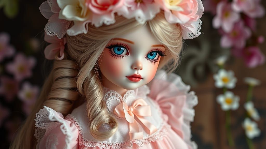 Vibrant Chibi Kawaii Victorian Doll in Springtime