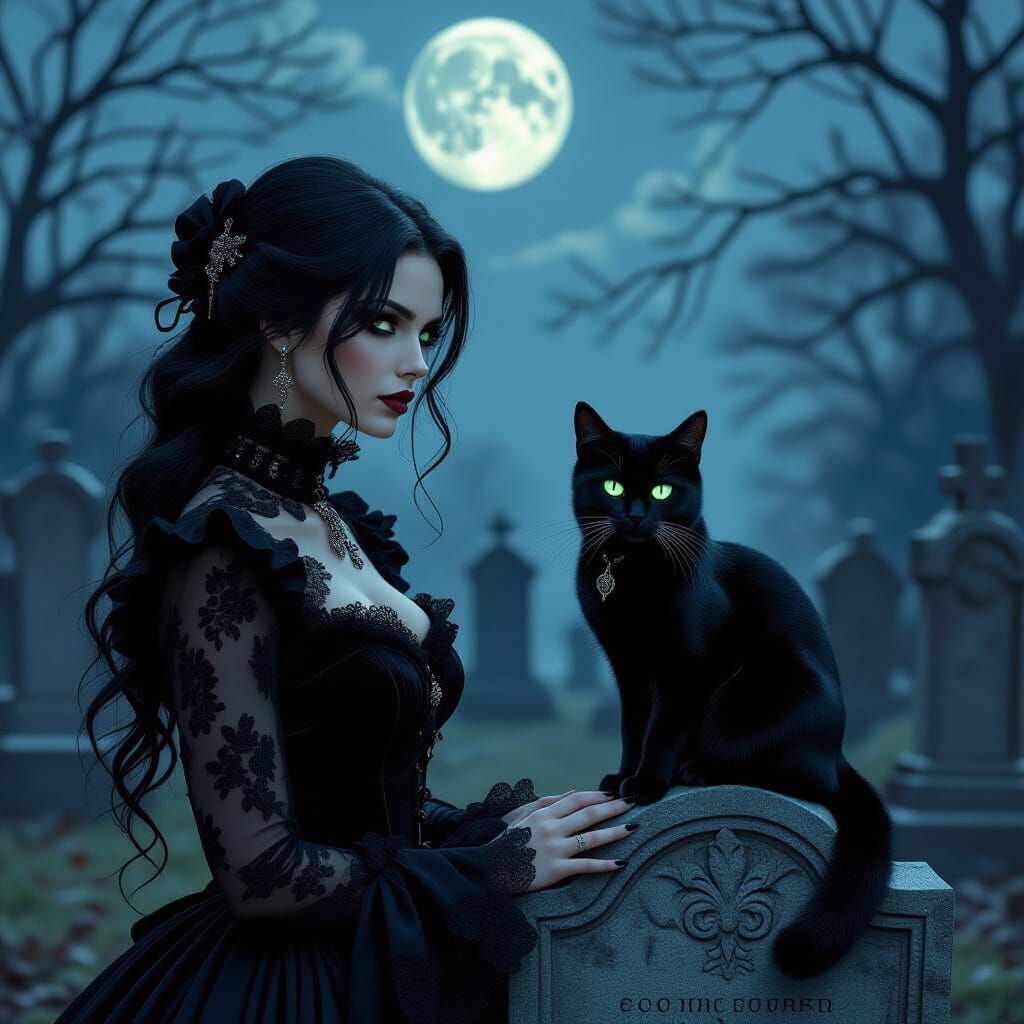 Gothic Portrait: Figure and Cat in Moonlit Graveyard