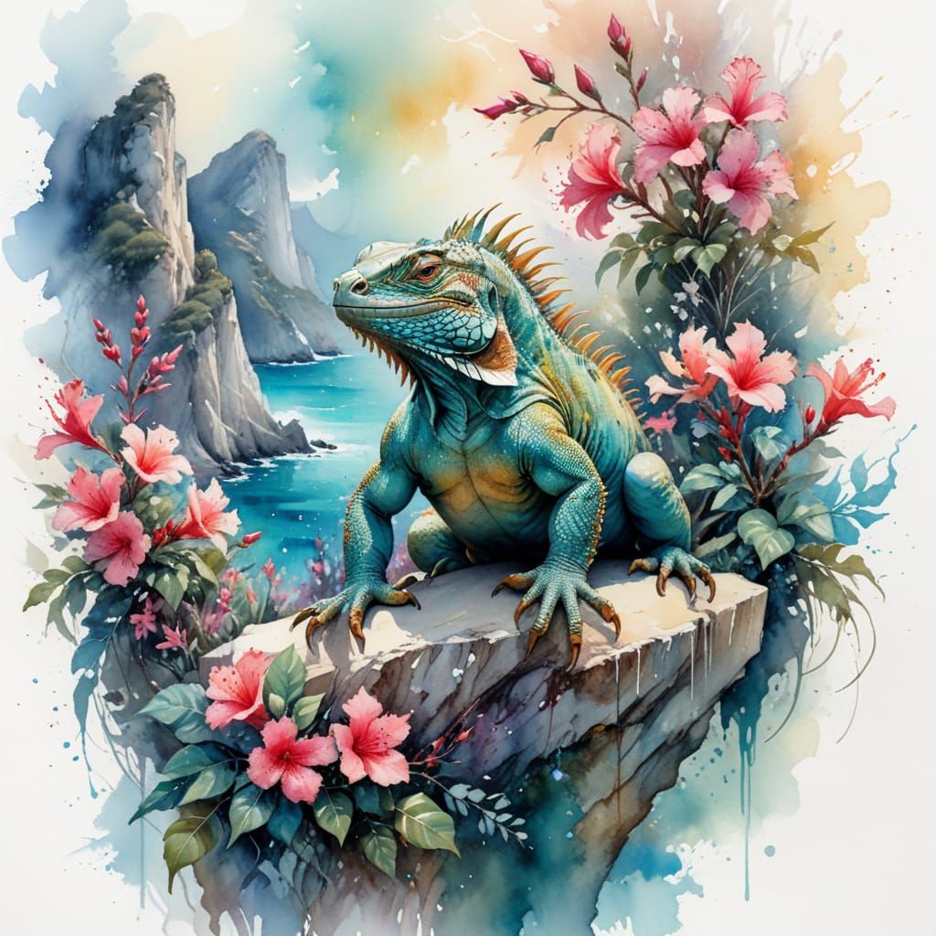 Majestic Iguana Amidst Vibrant Mediterranean Landscape
