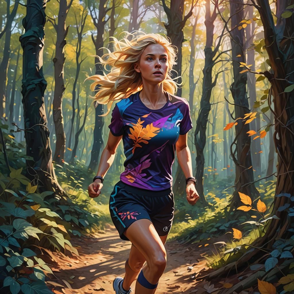 Sporty Woman Runs Through Forest in Triadic Colors