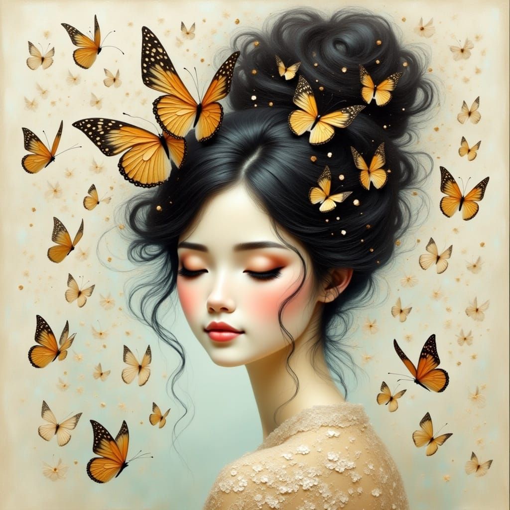 Gothic Dream Woman with Butterflies in Whimsical Watercolor