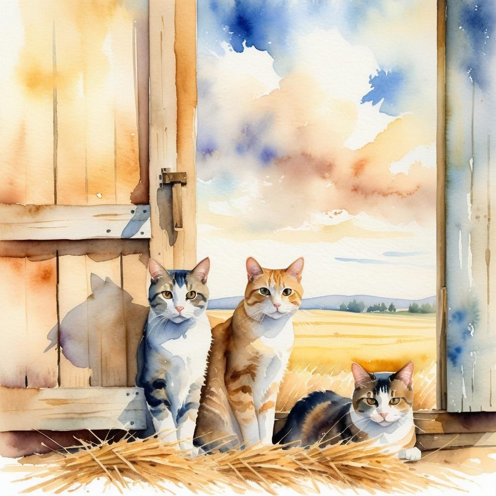 Cute Barn Cats in Whimsical Watercolor Painting