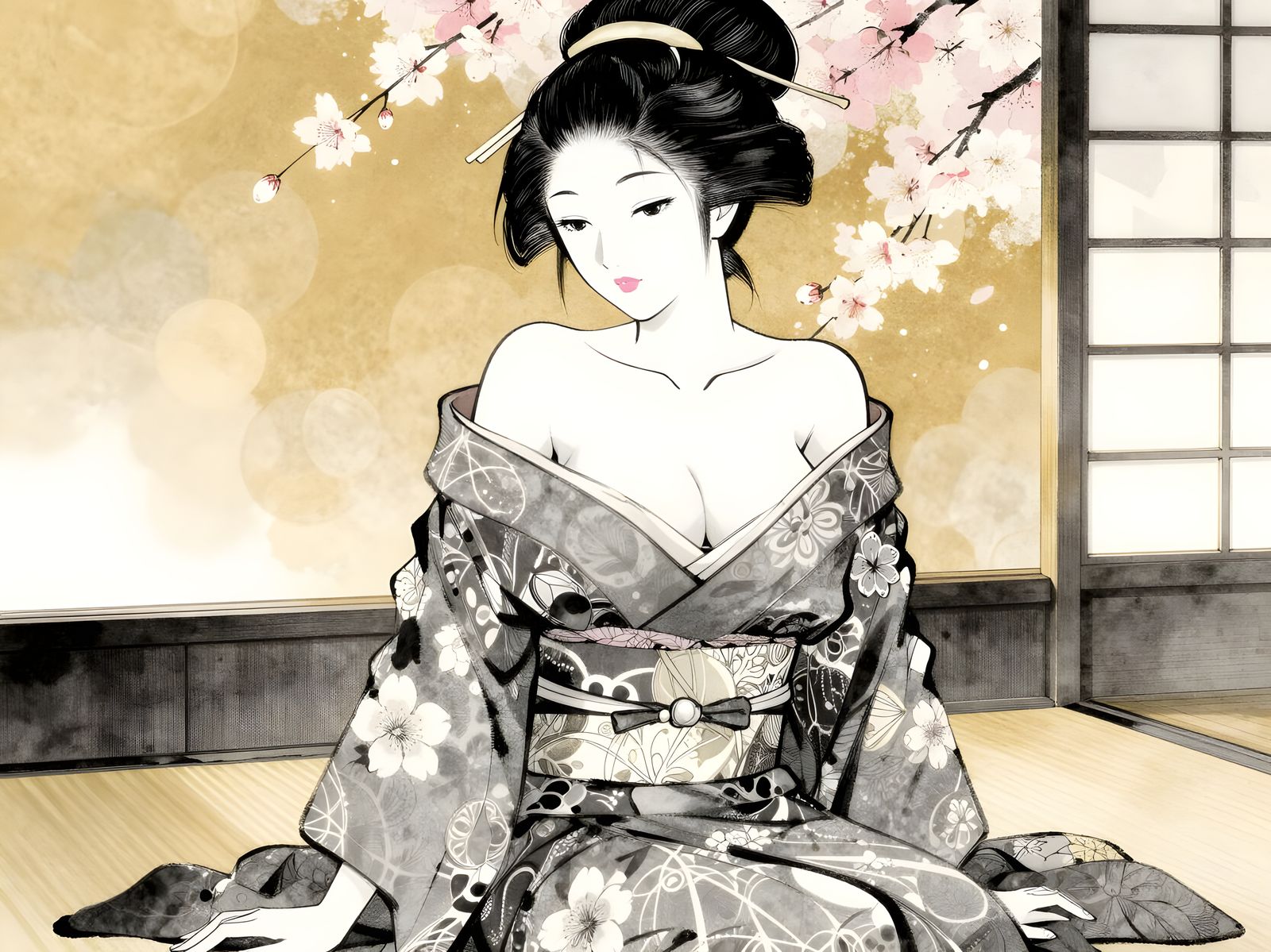 Exotic Geisha in Cozy Bathhouse, Inkpunk Style