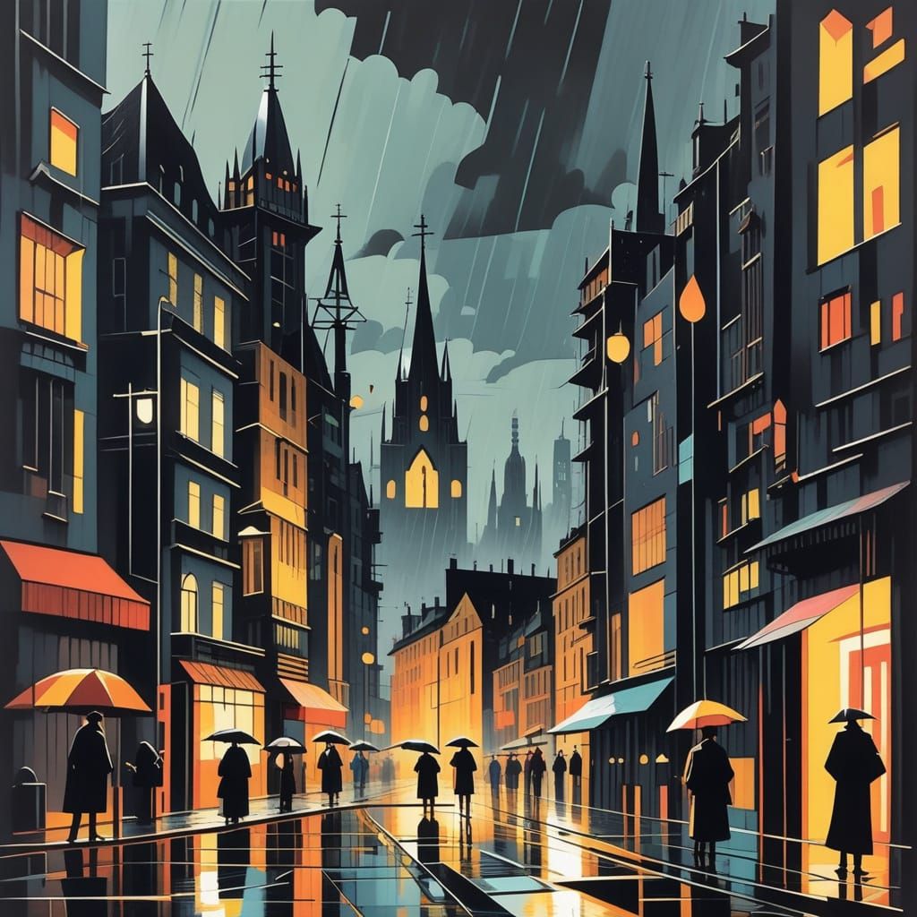 Kafkaesque Rainy Metropolis in Geometric Style