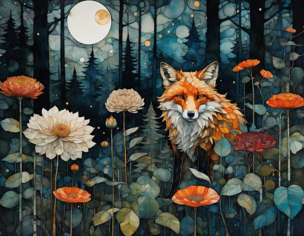 Magical Night Forest with Fox, Organic Line Drawing