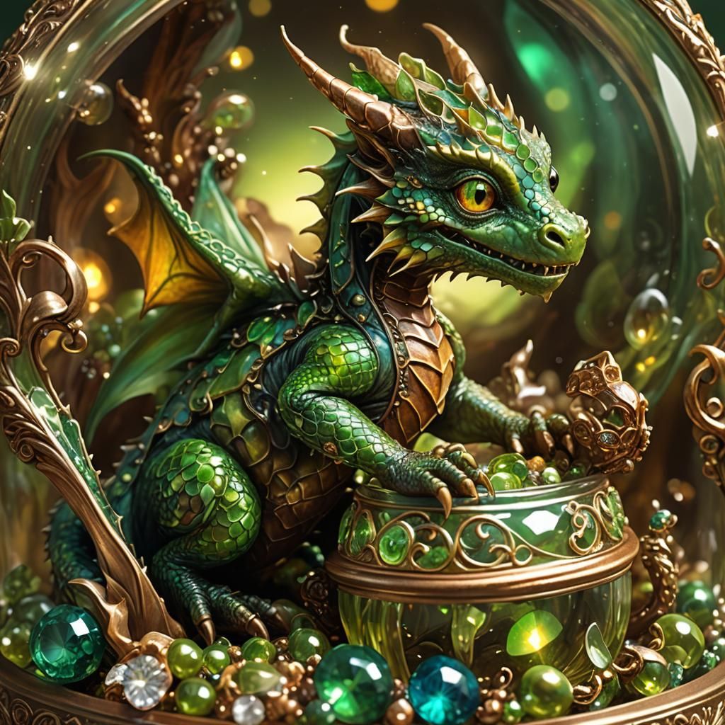 Baby Dragon in Jewelry Box: Fantasy Illustration
