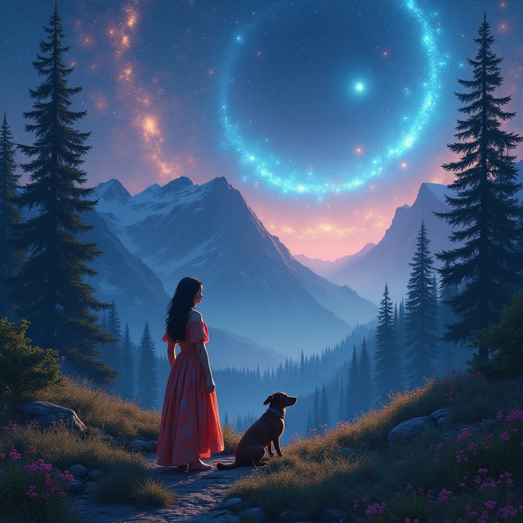 Woman in Mystical Landscape with Dogs, Neon Art