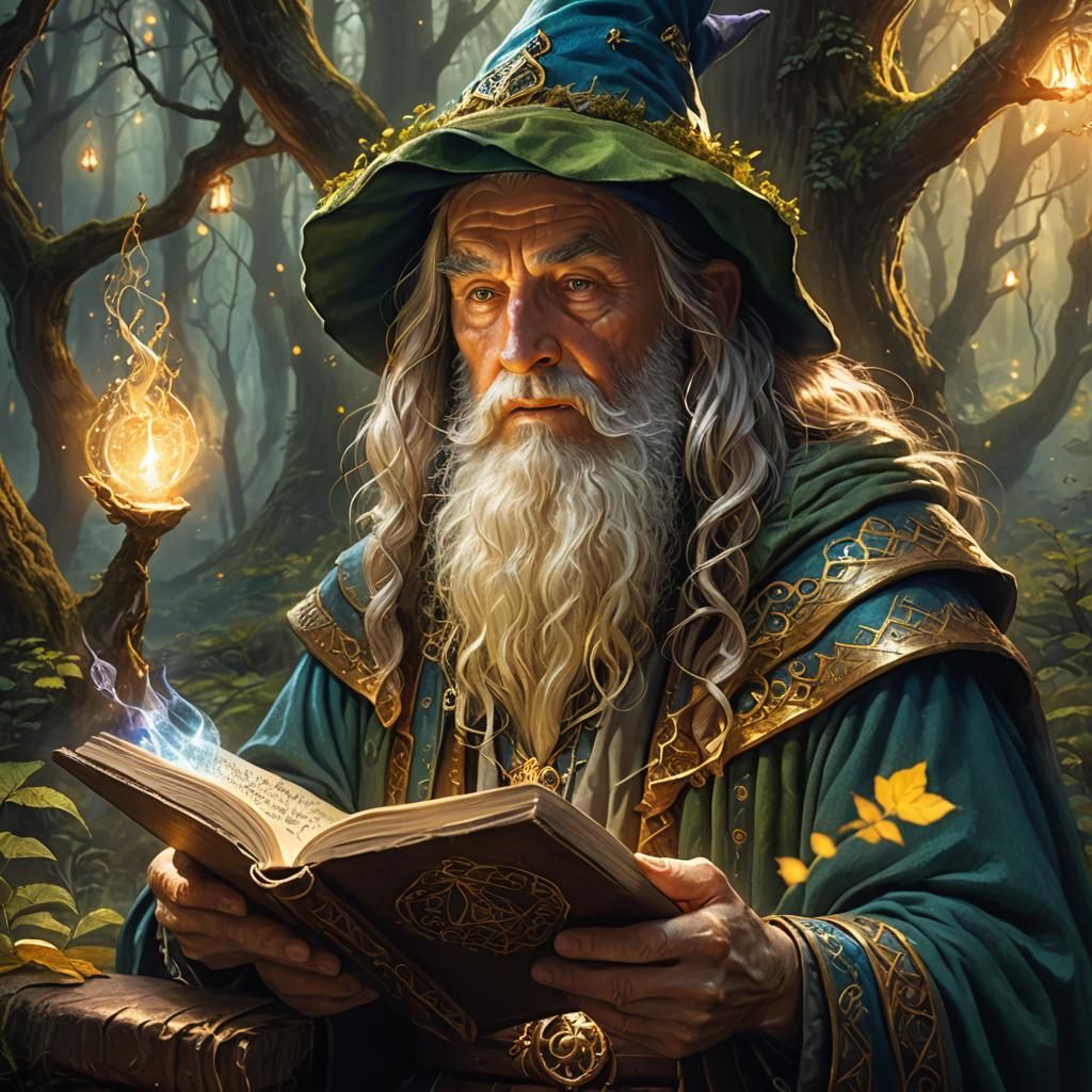 Wizard Reading Spellbook in Mystical Forest