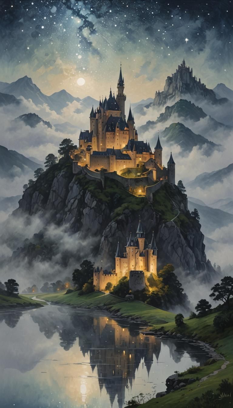 landscape, hill, castle, mist ...