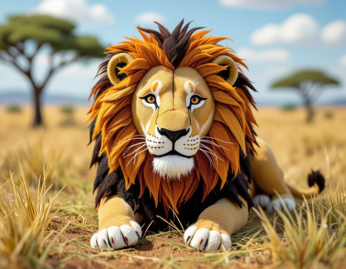 Felt Lion in African Veld: Intricate Handmade Scene