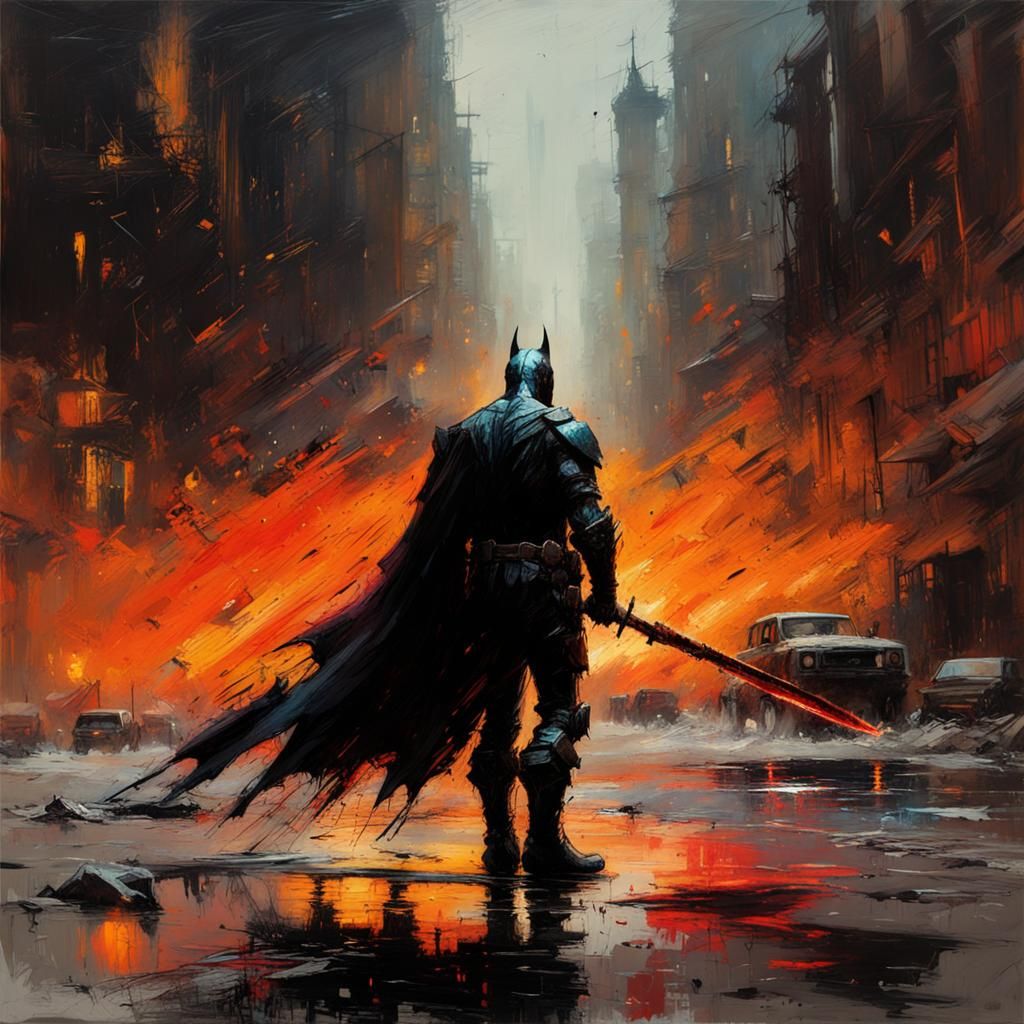 Dark Knight with Fiery Sword, Oil on Canvas