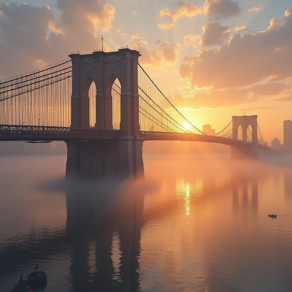 Gothic Bridge Towers Reflected in Golden Sunrise