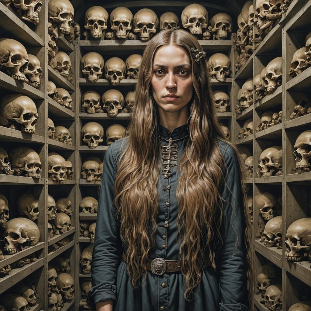 Photorealistic Young Woman with Skulls in Vault