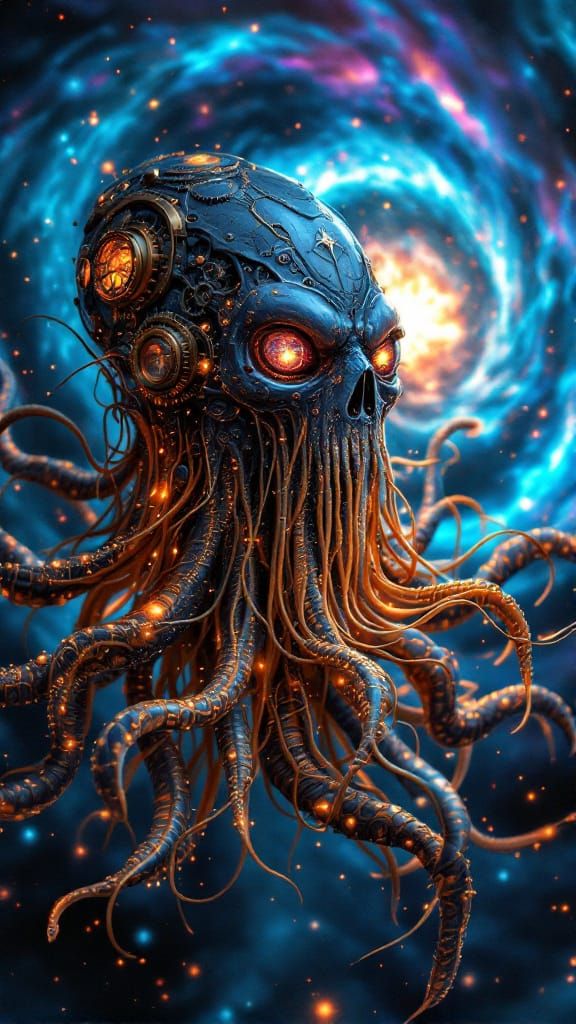 Steampunk Flying Spaghetti Monster in Cosmic Nebula
