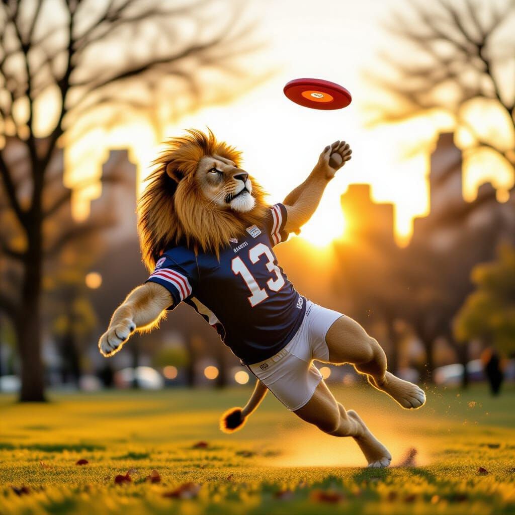 Lion Leaping for Frisbee in Urban Park at Sunset