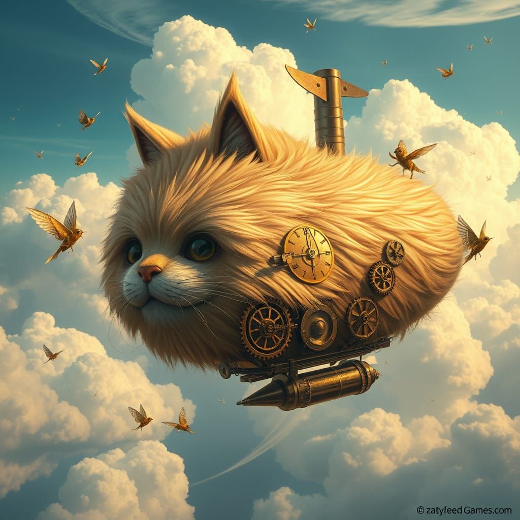 Steampunk Cat Airship Soaring Through Clockwork Sky