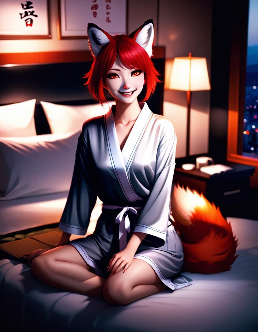 Detailed Image of a Smiling Kitsune in Hotel Room