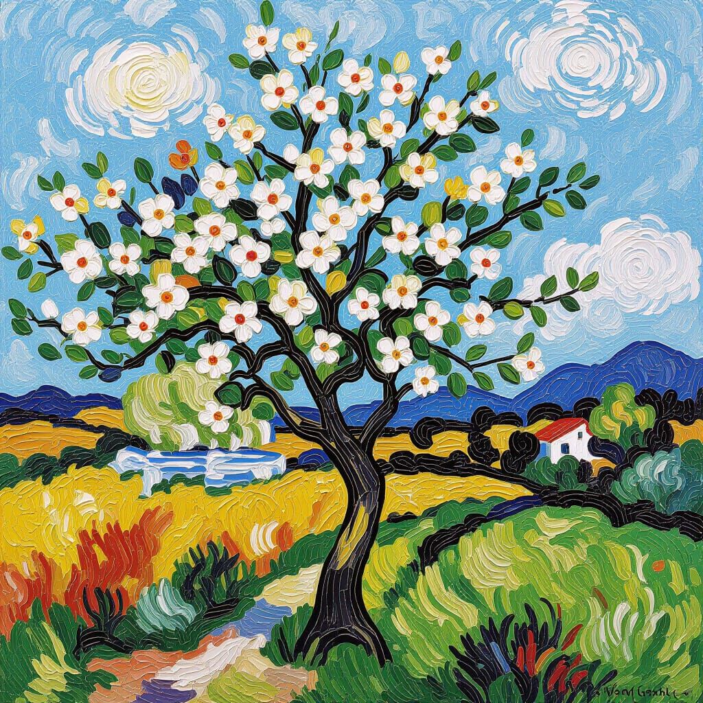 Almond Tree in Bloom: Impasto Oil Painting