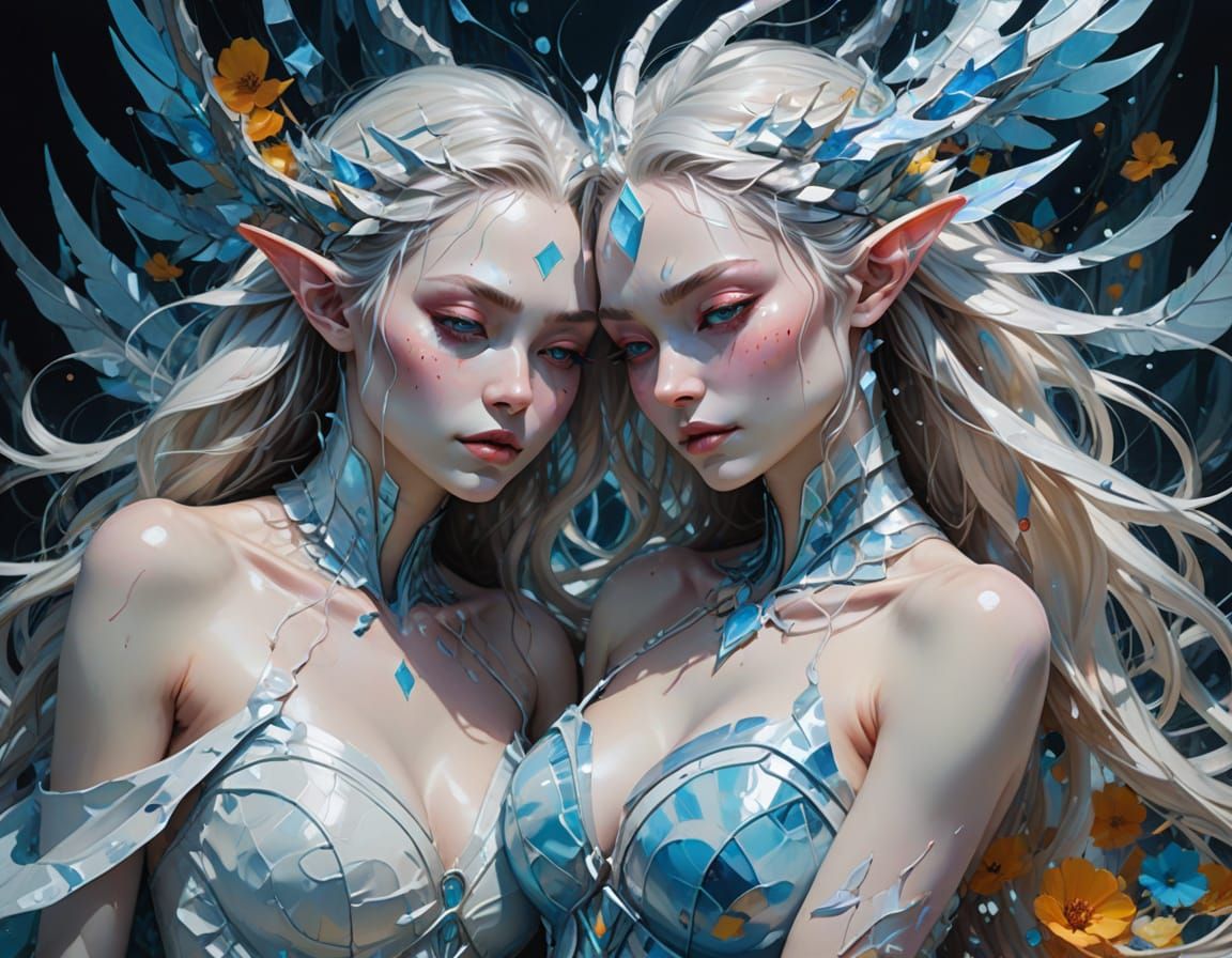 Elegant Ice Elf Women Painting in Vibrant Oils
