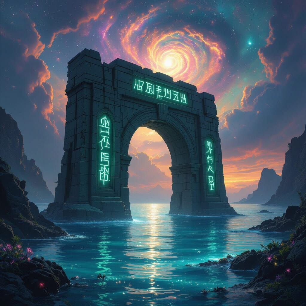 Bioluminescent Archway in Alien Ocean: Epic Fantasy